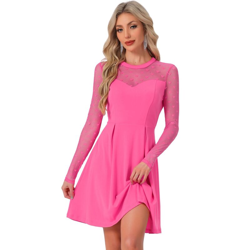 アレグラ ケー レディース トップス ワンピース A ライン ドット メッシュ シアー ALLEGRA K Women's Heart Polka Dots Mesheer Skater Prom A-Line Short Dress Hot Pink ピンク