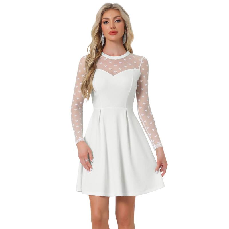 アレグラ ケー レディース トップス ワンピース A ライン ドット メッシュ シアー ALLEGRA K Women's Heart Polka Dots Mesheer Skater Prom A-Line Short Dress White ホワイト|ReVida 店