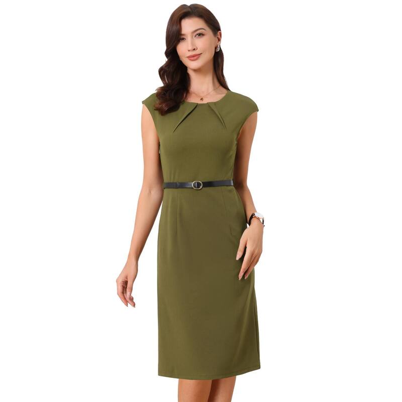 アレグラ ケー レディース トップス 衣装 旗がしら ALLEGRA K Elegant Office Dress for Women\u0027s Round Neck Cap Sleeve Belted Work Sheath Dresses Army Green 緑であること