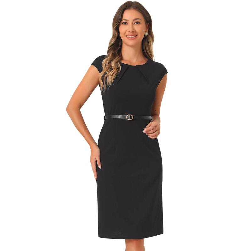 アレグラ ケー レディース トップス 衣装 旗がしら ALLEGRA K Elegant Office Dress for Women\u0027s Round Neck Cap Sleeve Belted Work Sheath Dresses Black 黒いこと