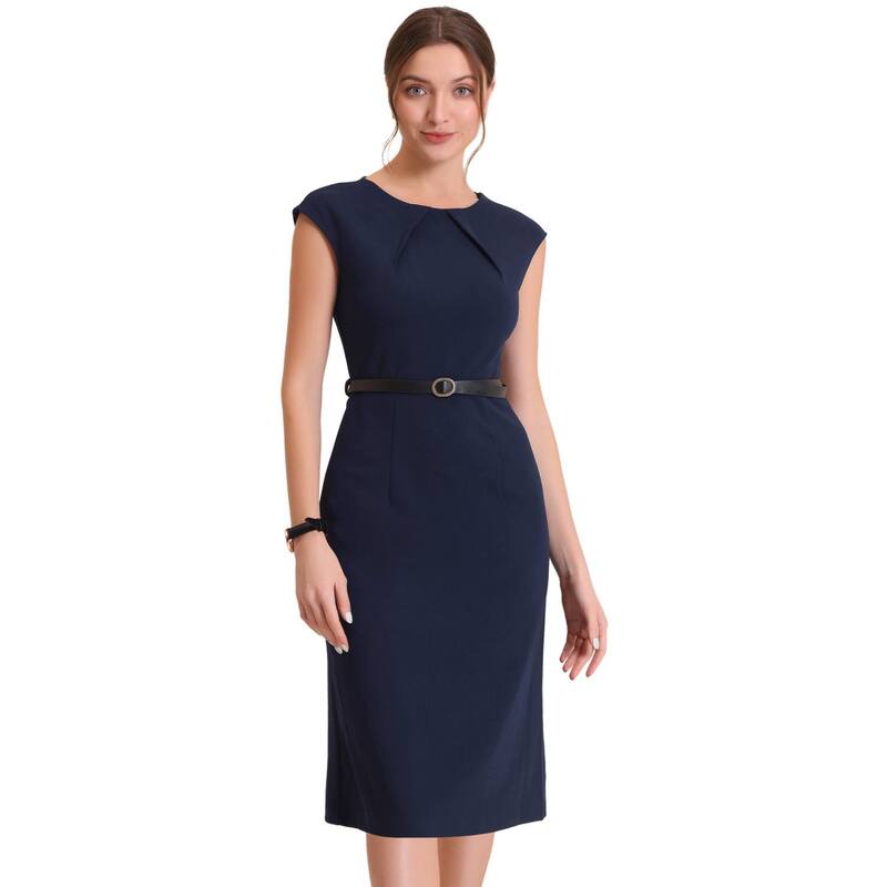 アレグラ ケー レディース トップス 衣装 旗がしら ALLEGRA K Elegant Office Dress for Women\u0027s Round Neck Cap Sleeve Belted Work Sheath Dresses Dark Blue 青み