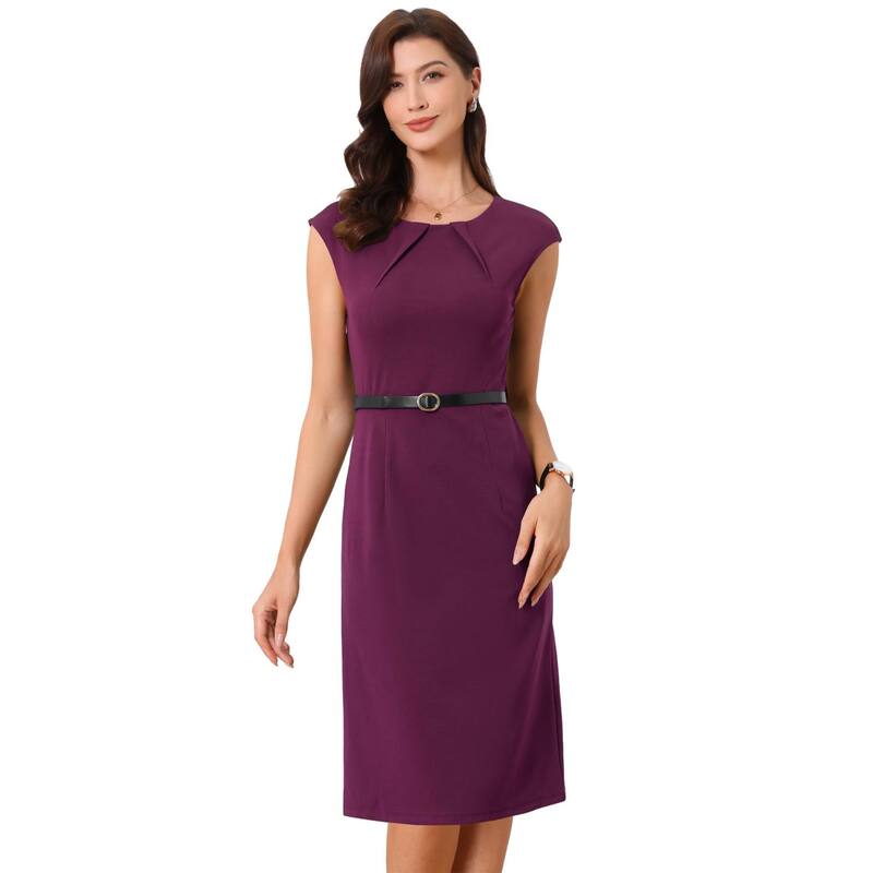 アレグラ ケー レディース トップス 衣装 旗がしら ALLEGRA K Elegant Office Dress for Women\u0027s Round Neck Cap Sleeve Belted Work Sheath Dresses Fuchsia フューシャ