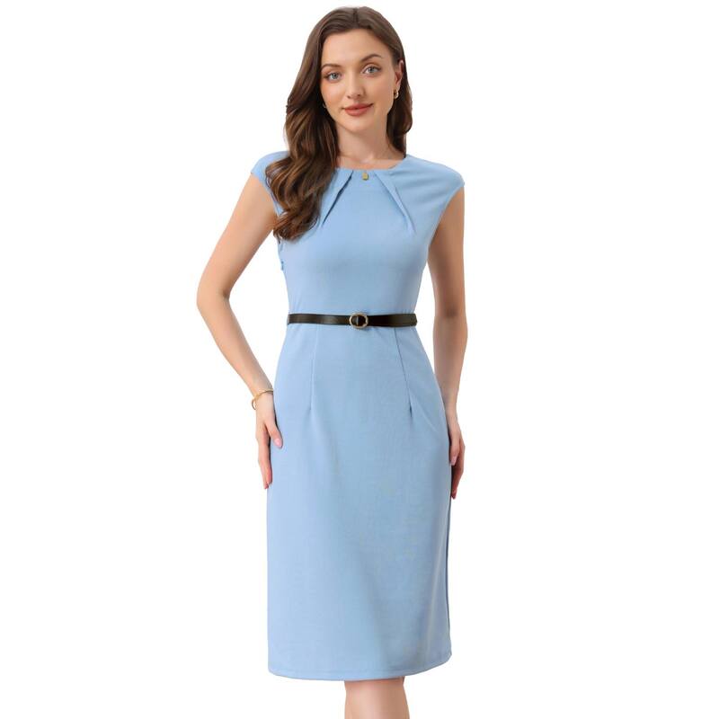 アレグラ ケー レディース トップス 衣装 旗がしら ALLEGRA K Elegant Office Dress for Women\u0027s Round Neck Cap Sleeve Belted Work Sheath Dresses Light Blue 青み