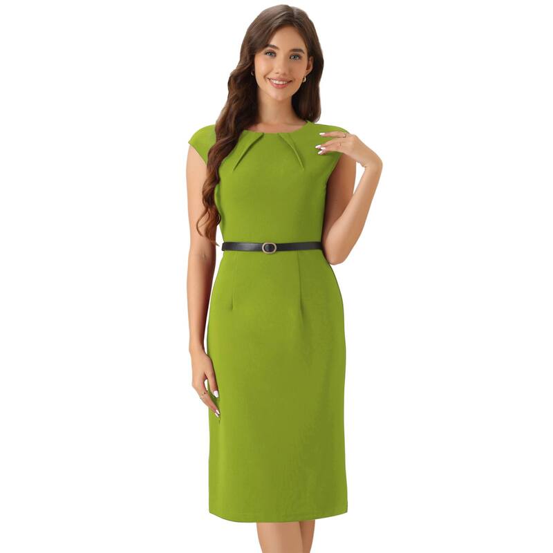 アレグラ ケー レディース トップス 衣装 旗がしら ALLEGRA K Elegant Office Dress for Women\u0027s Round Neck Cap Sleeve Belted Work Sheath Dresses Light Green 緑であること