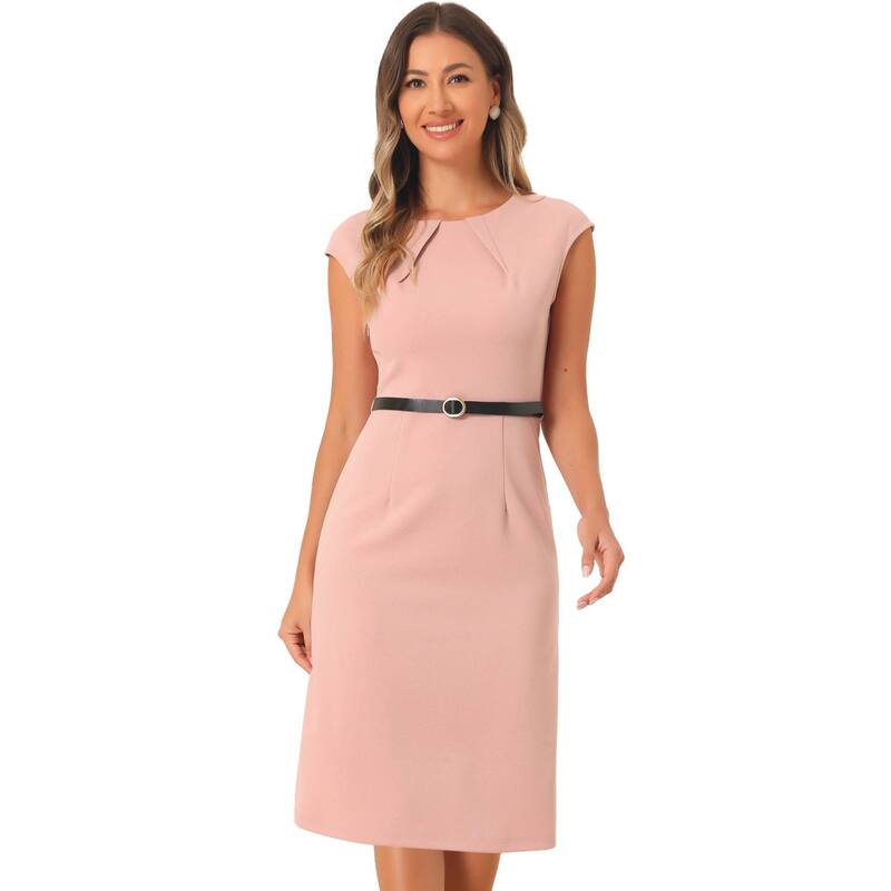 アレグラ ケー レディース トップス 衣装 旗がしら ALLEGRA K Elegant Office Dress for Women\u0027s Round Neck Cap Sleeve Belted Work Sheath Dresses Pink サクラ色