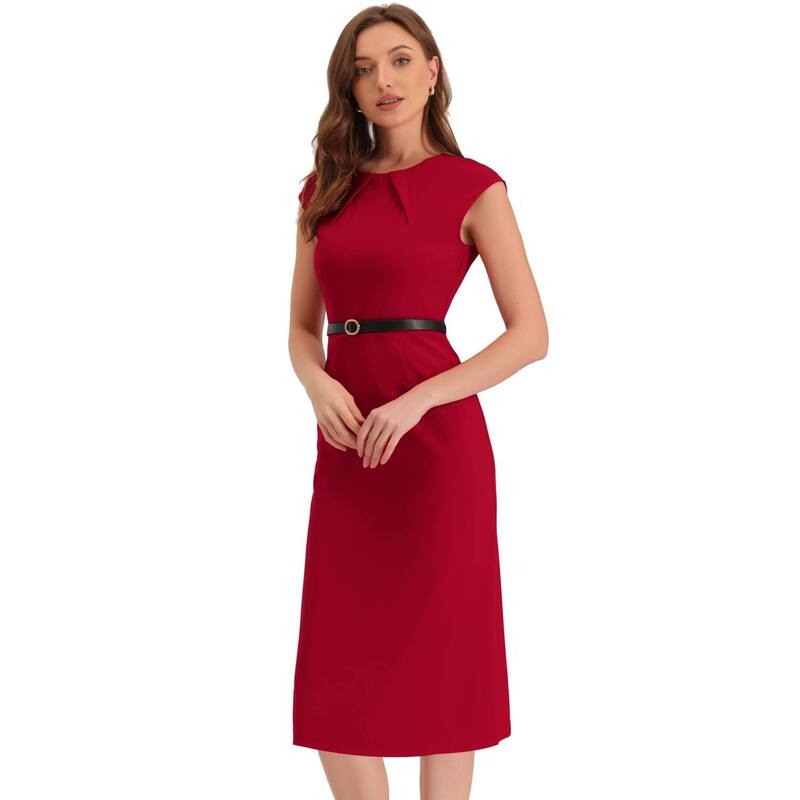 アレグラ ケー レディース トップス 衣装 旗がしら ALLEGRA K Elegant Office Dress for Women\u0027s Round Neck Cap Sleeve Belted Work Sheath Dresses Red 赤いこと