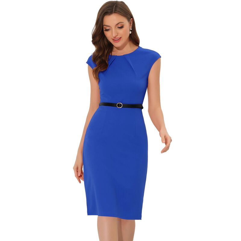 アレグラ ケー レディース トップス 衣装 旗がしら ALLEGRA K Elegant Office Dress for Women\u0027s Round Neck Cap Sleeve Belted Work Sheath Dresses Royal Blue 青み