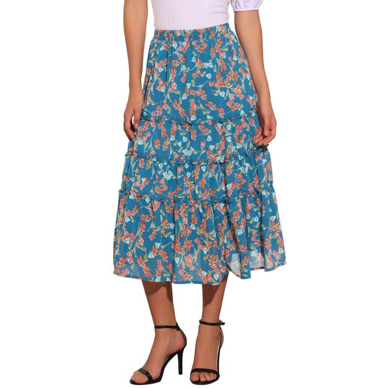 アレグラ ケー レディース ボトムスカート ティアード フラワー柄 プリント フリル マキシ フラワー ALLEGRA K Women's Floral Print Elastic Waist Ruffle Maxi Tiered Skirt Blues|ReVida 店