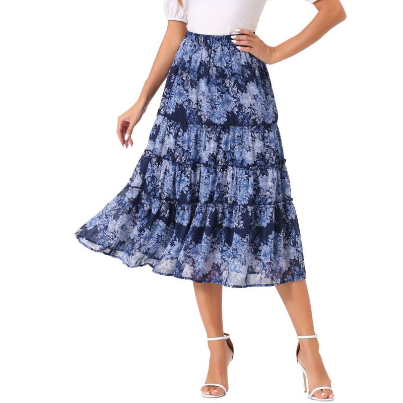 アレグラ ケー レディース ボトムスカート ティアード フラワー柄 プリント フリル マキシ フラワー ALLEGRA K Women's Floral Print Elastic Waist Ruffle Maxi Tiered Skirt Deep Blue ブルー|ReVida 店