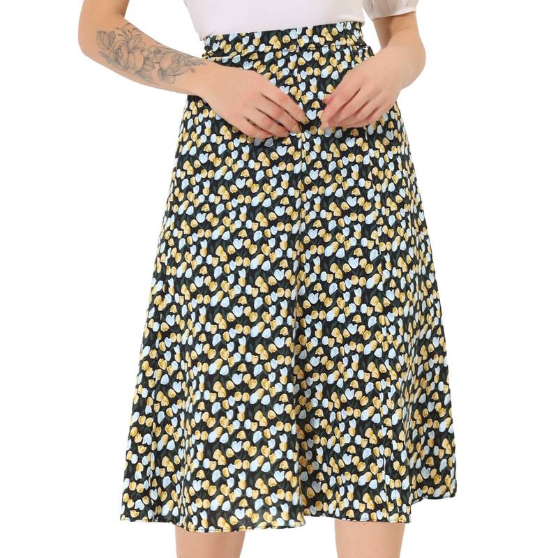 アレグラ ケー レディース ボトムスカート A ライン プリント ミディ ALLEGRA K Women's Peasant Elastic Waist A-Line Leave Print Midi Skirt Black Blue ブラック