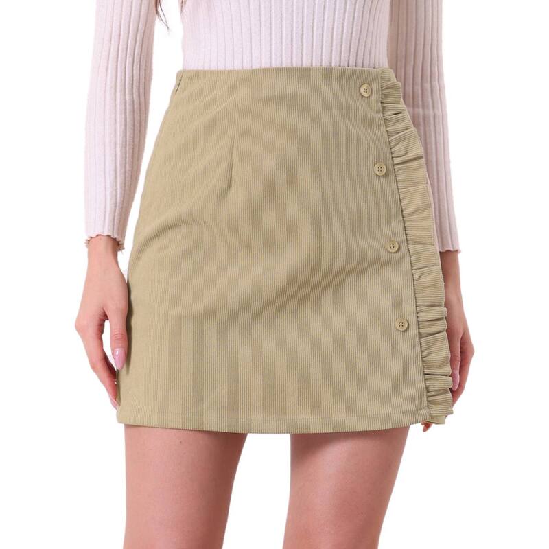 アレグラ ケー レディース ボトムスカート コーデュロイ A ライン ハイウエスト ミニ ALLEGRA K Women's Corduroy High Waist Button Decor a Line Mini Skirt Khaki カーキ
