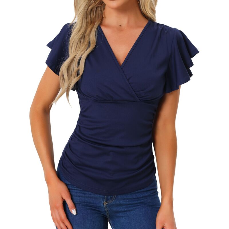 アレグラ ケー レディース トップス シャツ Vネック フリル ブラウス ALLEGRA K Faux Wrap Blouse For Women Summer V-neck Ruffle Sleeve Casual Top Blouse Dark Blue ブルー｜ReVida 店