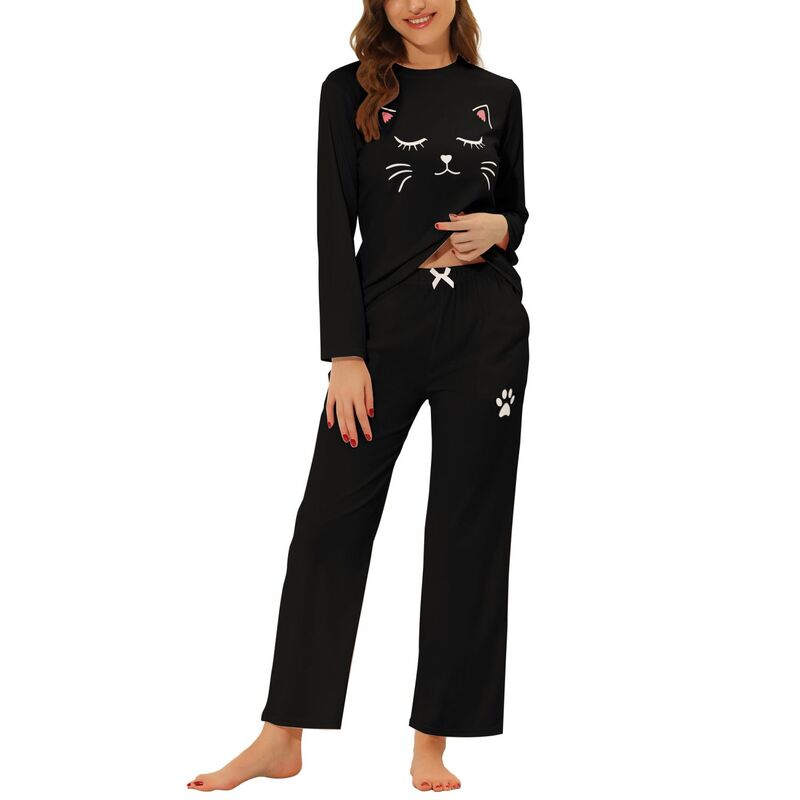 cheibear レディース アンダーウェア ナイトウェア プリント パンツ cheibear Women's Pajamas Nightwear Cute Cat Printops and Pantsleepwear Lounge Sets Black ブラック