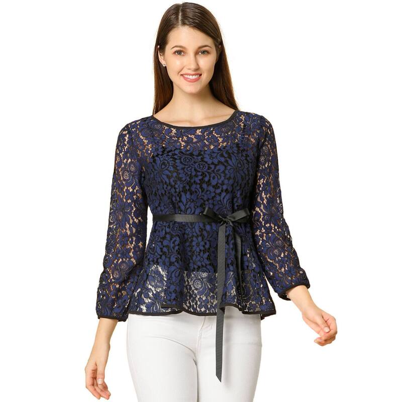 アレグラ ケー レディース トップス シャツ ブラウス レース ALLEGRA K Women's Elegantie Waist Long Sleeve Top Lace Peplum Blouses Dark Blue ブルー｜ReVida 店 10,715円