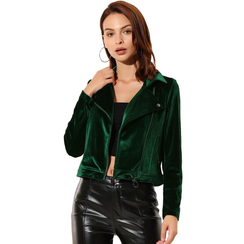 アレグラ ケー レディース アウター ジャケット・ブルゾン ベルベット クロップド ALLEGRA K Women's Velvet Notched Lapel Zipper Cropped Motorcycle Jacket Green グリーン