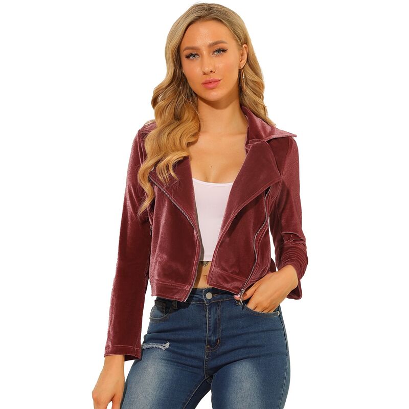 アレグラ ケー レディース アウター ジャケット・ブルゾン ベルベット クロップド ALLEGRA K Women's Velvet Notched Lapel Zipper Cropped Motorcycle Jacket Pink ピンク