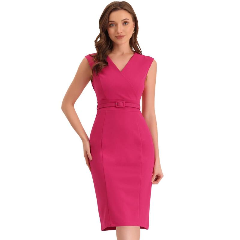 アレグラ ケー レディース トップス ワンピース Vネック ノースリーブ ALLEGRA K Pencil Dress for Women'sleeveless Wrap V Neck Belted Office Dresses Fuchsia フューシャ
