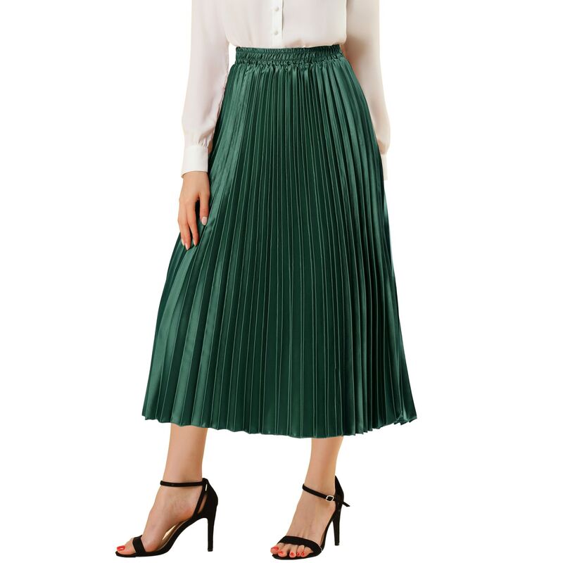 アレグラ ケー レディース ボトムスカート プリーツ ミディ トール ALLEGRA K Women's Elastic Waist Metallic Shiny Accordion Pleated Midi Skirt Drak Green グリーン｜ReVida 店