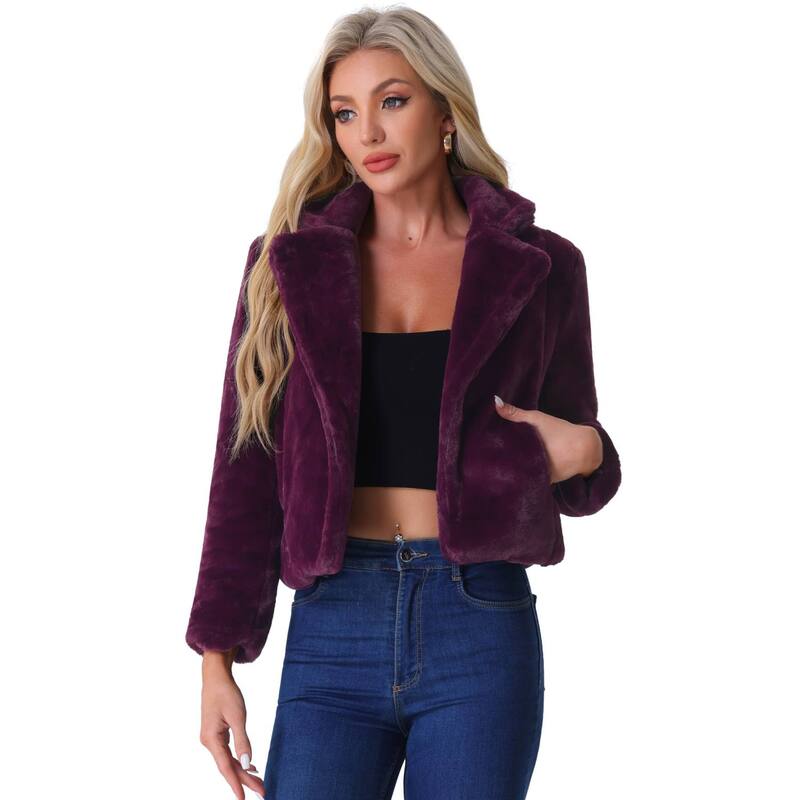 アレグラ ケー レディース アウター ジャケット・ブルゾン コート クロップド ALLEGRA K Women's Winter Fashion Loose Faux Fur Cropped Jacket Coat Deepurple パープル｜ReVida 店