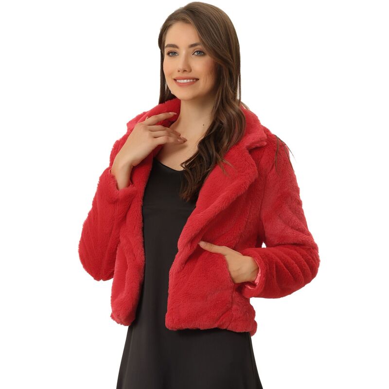 アレグラ ケー レディース アウター ジャケット・ブルゾン コート クロップド ALLEGRA K Women's Winter Fashion Loose Faux Fur Cropped Jacket Coat Red レッド