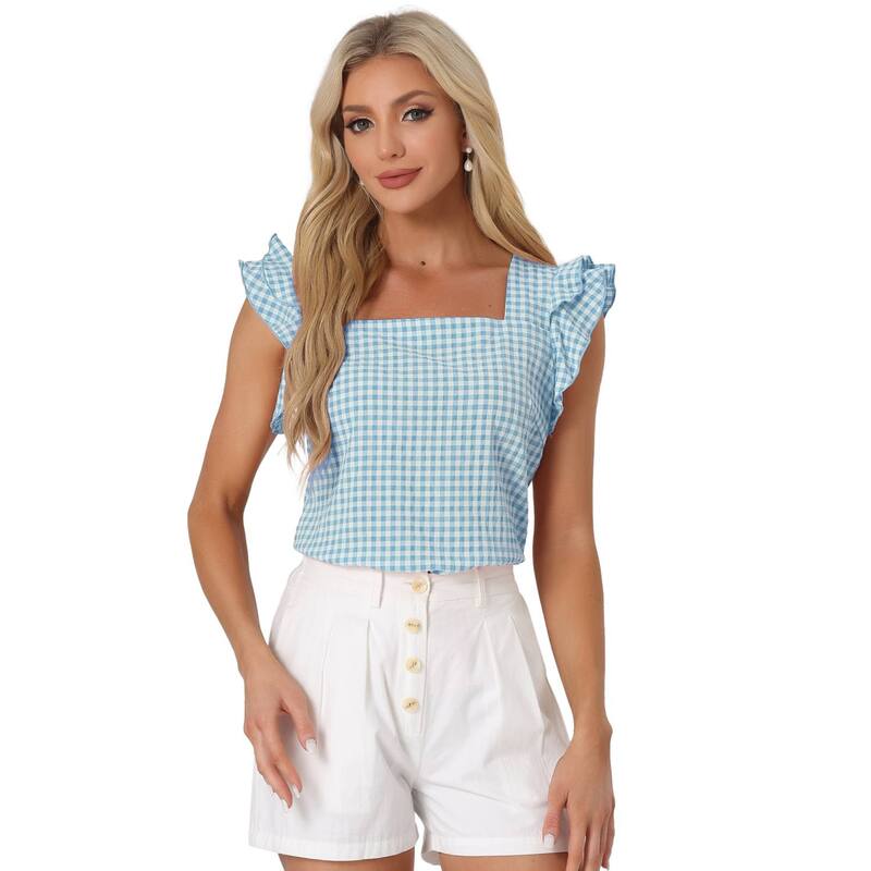 アレグラ ケー レディース トップス シャツ ギンガムチェック フリル ブラウス ギンガム ALLEGRA K Summer Gingham Tops For Women'square Neck Ruffle Sleeve Blouse Lake Blue ブルー 8,036円