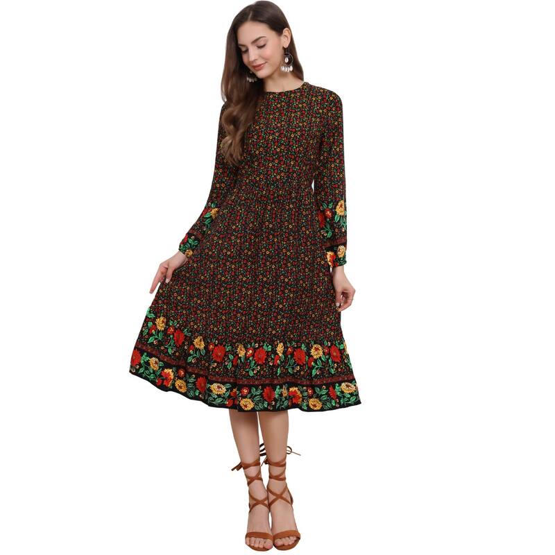 アレグラ ケー レディース トップス ワンピース フラワー柄 マキシ フラワー ALLEGRA K Women's Boho Floralong Sleeves Maxi Dress Black Red ブラック 8,986円