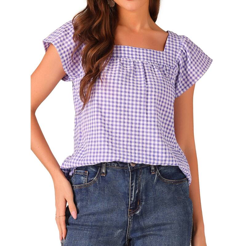 アレグラ ケー レディース トップス Tシャツ ギンガムチェック ノースリーブラウス ギンガム ALLEGRA K Summer Square Neck Gingham Tops for Women Sleeveless Blouses Purple パープル｜ReVida 店