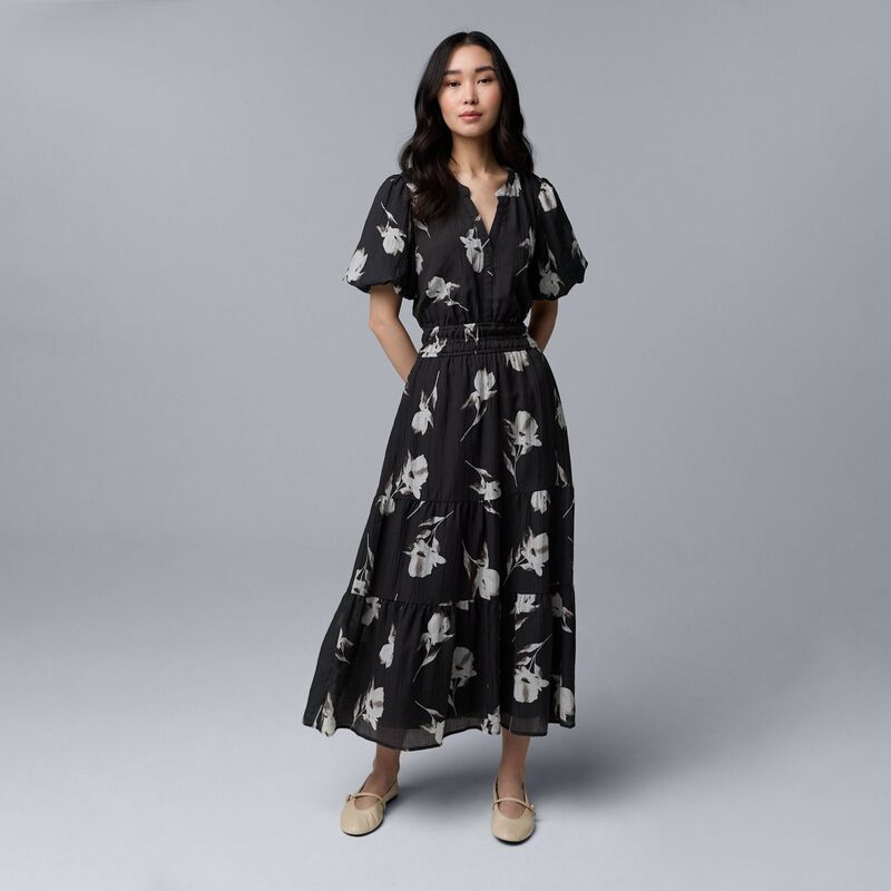 ヴェラウォン レディース トップス 衣装 マキシ Women\u0027simply Vera Wang Short Sleeve Maxi Dress Black White Floral 白いこと