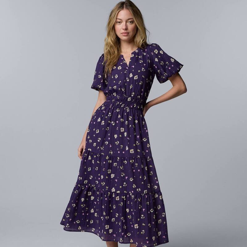 ヴェラウォン レディース トップス ワンピース マキシ Women'simply Vera Wang Short Sleeve Maxi Dress Purple Pink Floral ピンク