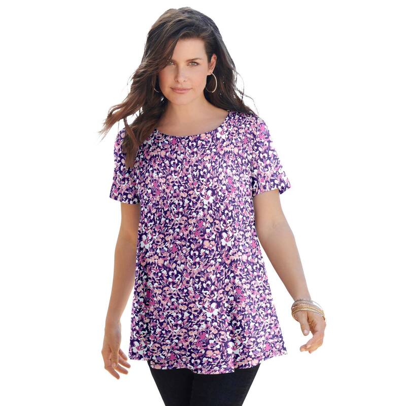 ロアマンズ レディース トップス Tシャツ プラスサイズ コットン Roaman's Women's Plusize Cotton Ultimate Swing Tee With Keyhole Back Violet Abstract バイオレット