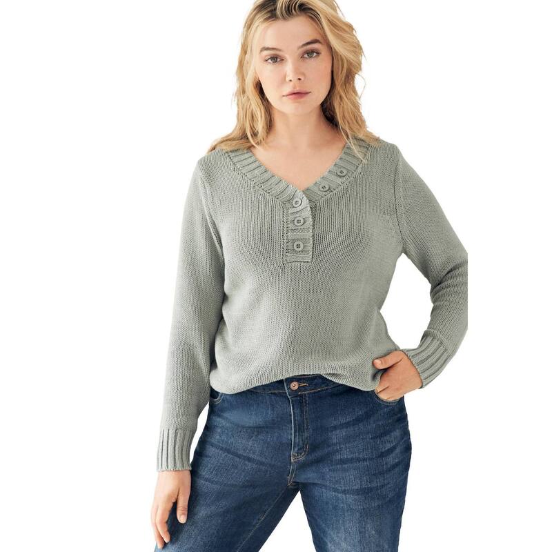 Ellos レディース アウター 編み物・プルオーバー 付け加える大いさ ellos Plusize Button Y-Neck Sweater Grey Spruce 薄墨色 セーター-レディースファッション
