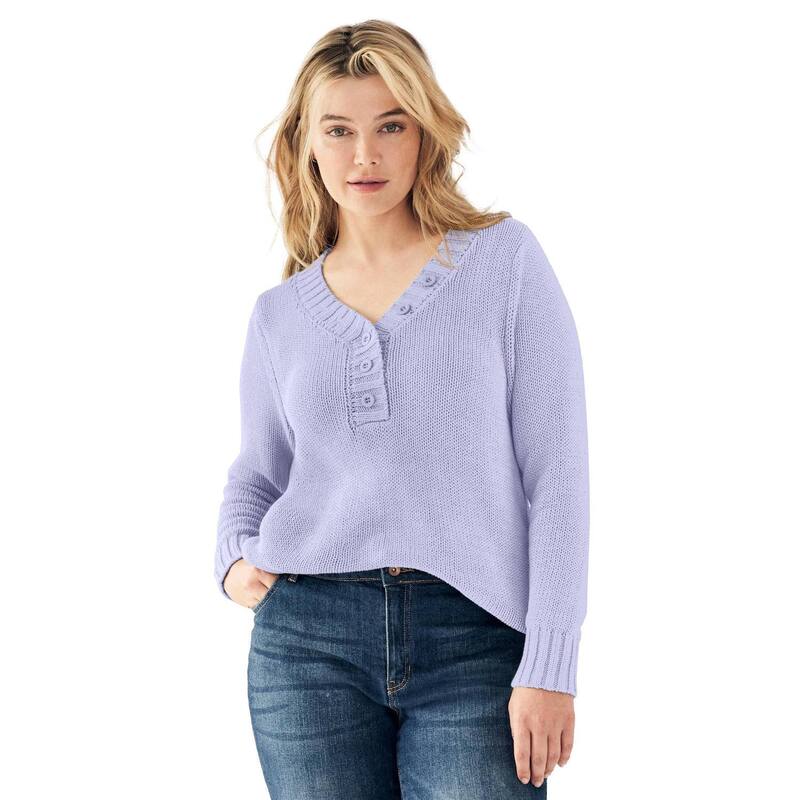 Ellos レディース アウター 編み物・プルオーバー 付け加える大いさ ellos Plusize Button Y-Neck Sweater Lavender Mist ラベンダー セーター-トップス