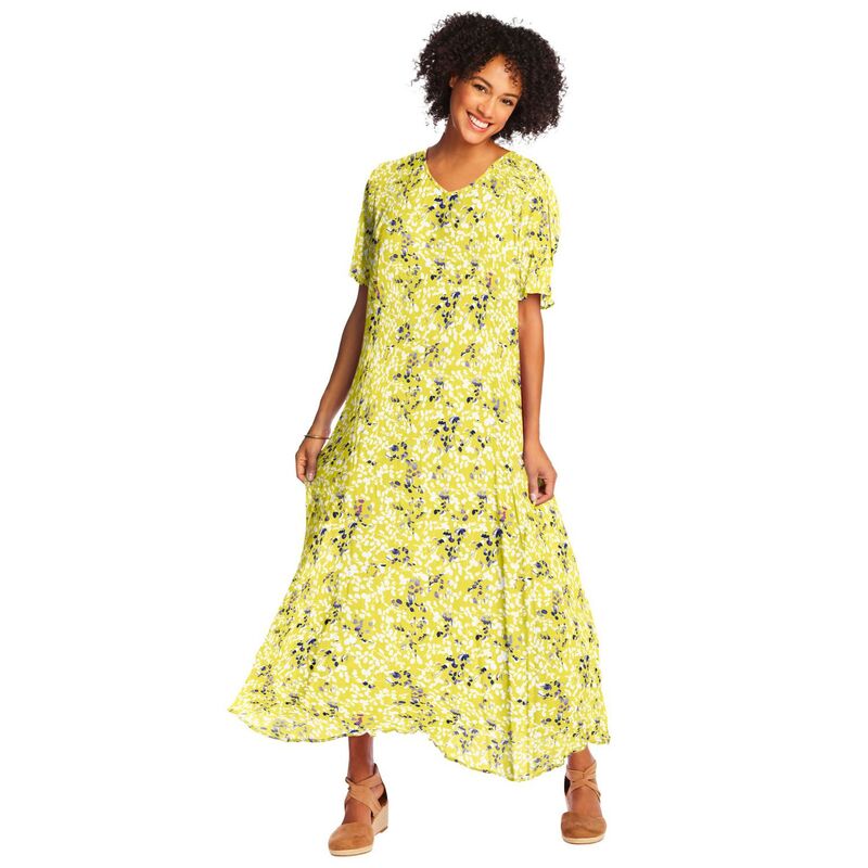 ウーマン ウィズイン レディース トップス ワンピース プラスサイズ プチ 半袖 Woman Within Plusize Petite Short-Sleeve Crinkle Dress Primrose Yellow Leaf イエロー
