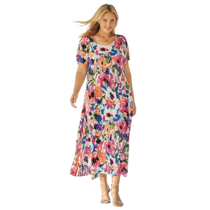 ウーマン ウィズイン レディース トップス ワンピース プラスサイズ プチ 半袖 Woman Within Plusize Petite Short-Sleeve Crinkle Dressweet Coral Bloom コーラル