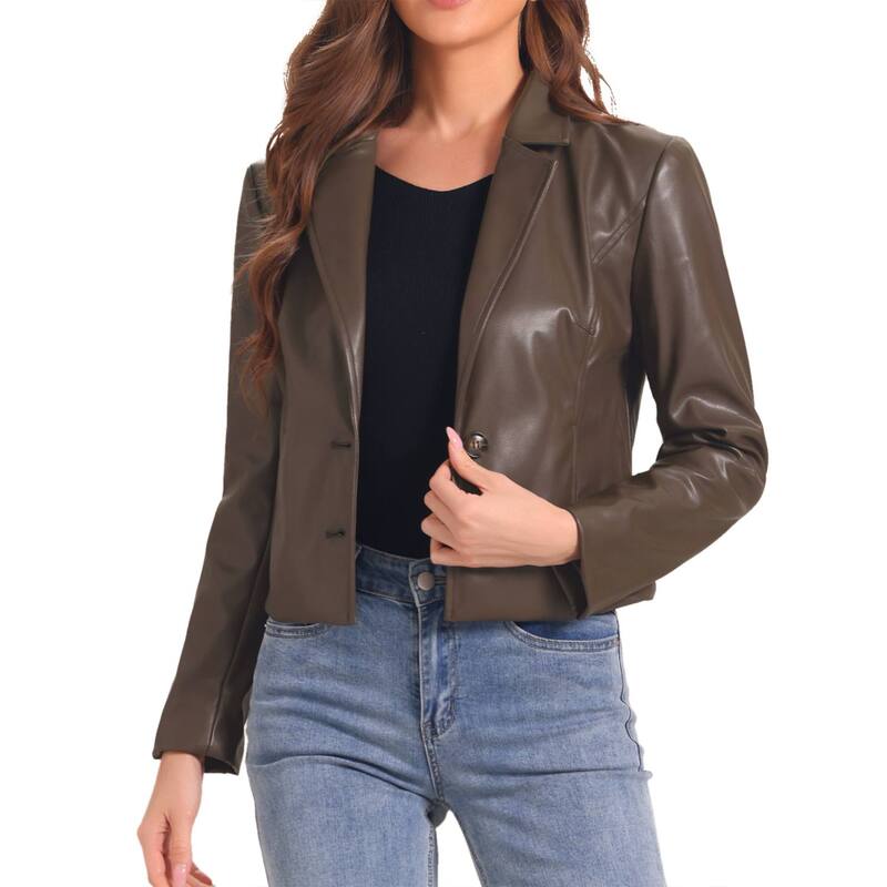アレグラ ケー レディース アウター 上衣・上衣 ヴィンテージ 厚地の外套 スポーツジャケット フェイクレザー ALLEGRA K Faux Leather Blazer Jackets for Women Motorcycle Vintage Moto Biker Casual Coat Brown 赤銅色