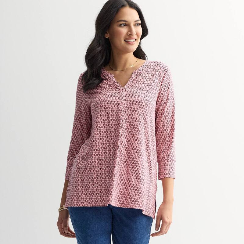 クロフト＆バロー レディース トップス Tシャツ プチ Petite Croft & Barrow 3/4 Sleeve Split Neck Tunic Pink Mini Tile ピンク