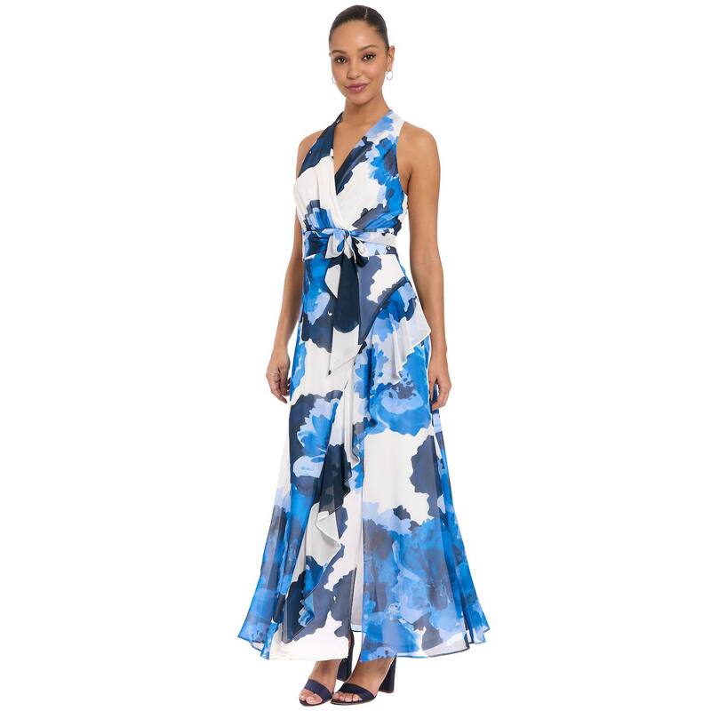 ロンドンタイムス レディース トップス ワンピース プチ マキシ ホルター Petite London Times Halter Maxi Dress with Sash Belt White Blue ホワイト