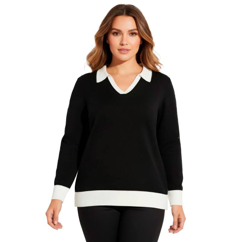 アベニュー レディース アウター ニット・セーター ポロシャツ プラスサイズ Avenue Women's Plusize Color Block Polo Sweater Black White Colorblock ホワイト