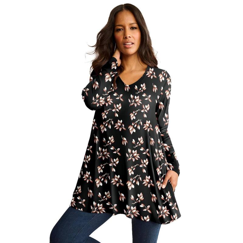 ロアマンズ レディース トップス プルオーバー V素っ首 ドレープラスサイズ Roaman\u0027s Women\u0027s Plusize Ultra Drape V Neck Swing Tunic Black Leafy Print 黒いこと
