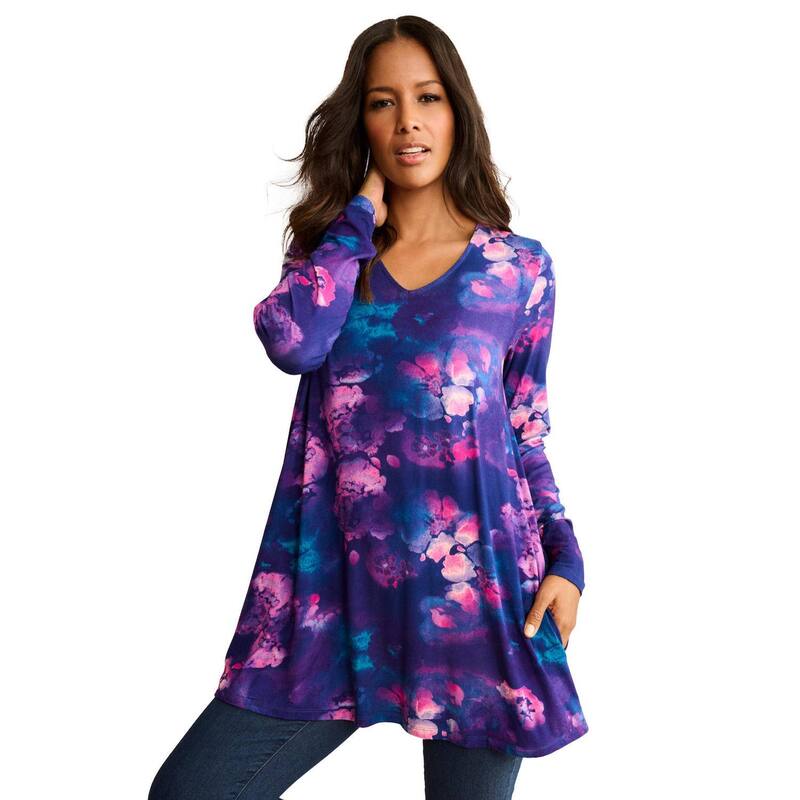 ロアマンズ レディース トップス プルオーバー V素っ首 ドレープラスサイズ Roaman\u0027s Women\u0027s Plusize Ultra Drape V Neck Swing Tunic Evening Blue Mist 青み