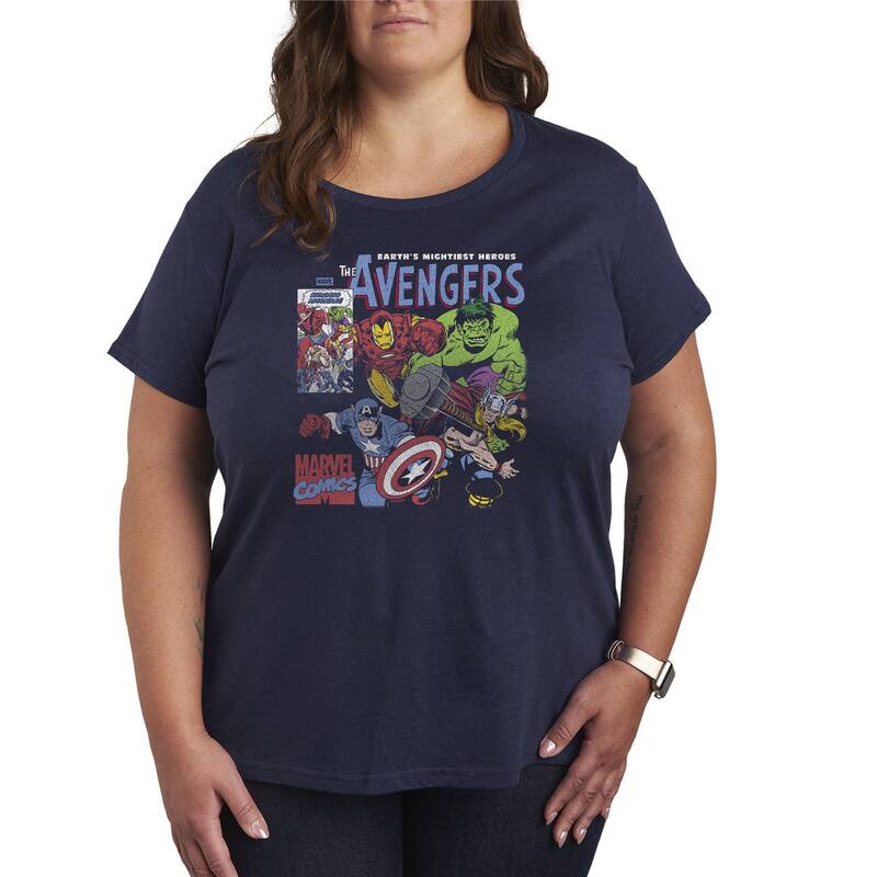 マーベル レディース トップス Tシャツ プラスサイズ グラフィック Plusize Marvel The Avengers Comic Panel Distressed Graphic Tee Navy ネイビー