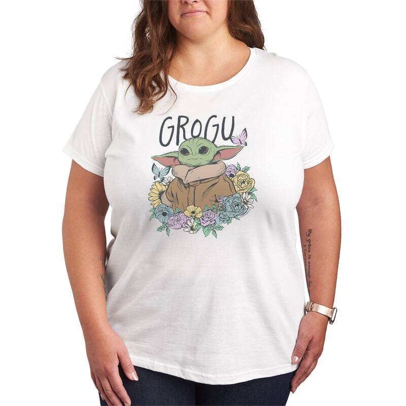 スター ウォーズ レディース トップス Tシャツ フラワー柄 プラスサイズ フラワー グラフィック Plusize Star Wars The Mandalorian Grogu Floral Graphic Tee White ホワイト