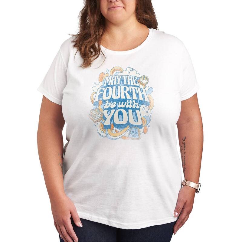 スター ウォーズ レディース トップス Tシャツ ヴィンテージ プラスサイズ グラフィック Plusize Star Wars May The Fourth Be With You Vintage Distressed Graphic Tee White ホワイト