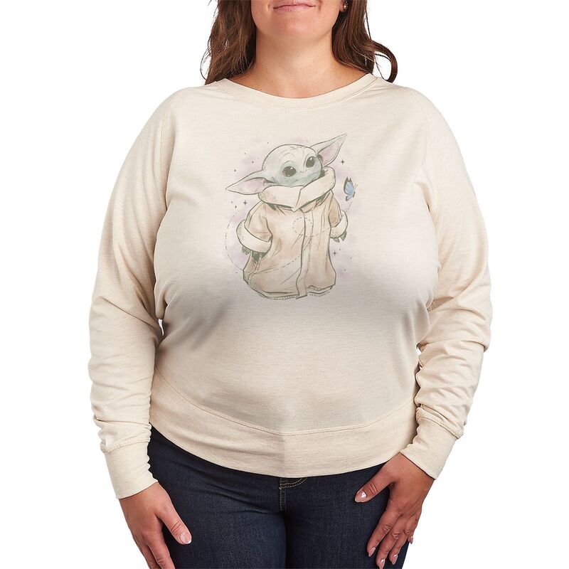 スター ウォーズ レディース トップス Tシャツ プラスサイズ パイル Plusize Star Wars The Mandalorian Grogu Distressed French Terry Long Sleeve Tee Beige ベージュ