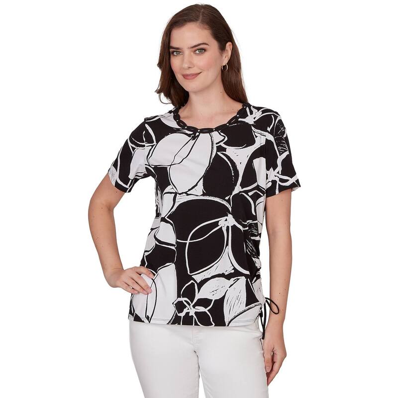 アルフレッド ダナー レディース トップス シャツ フラワー柄 プチ フラワー Petite Alfredunner Abstract Floral Embellished Side Tie T-Shirt Black White ホワイト