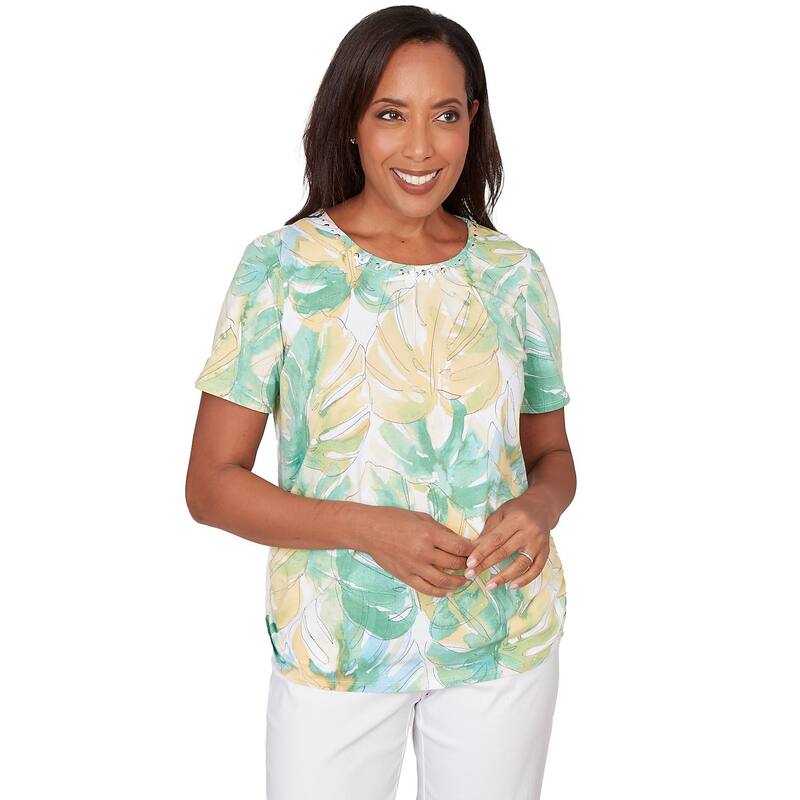 アルフレッド ダナー レディース トップス シャツ プチ ギャザー Petite Alfredunner Tropicaleaf Beaded Neck Ruched T-Shirt Pastel