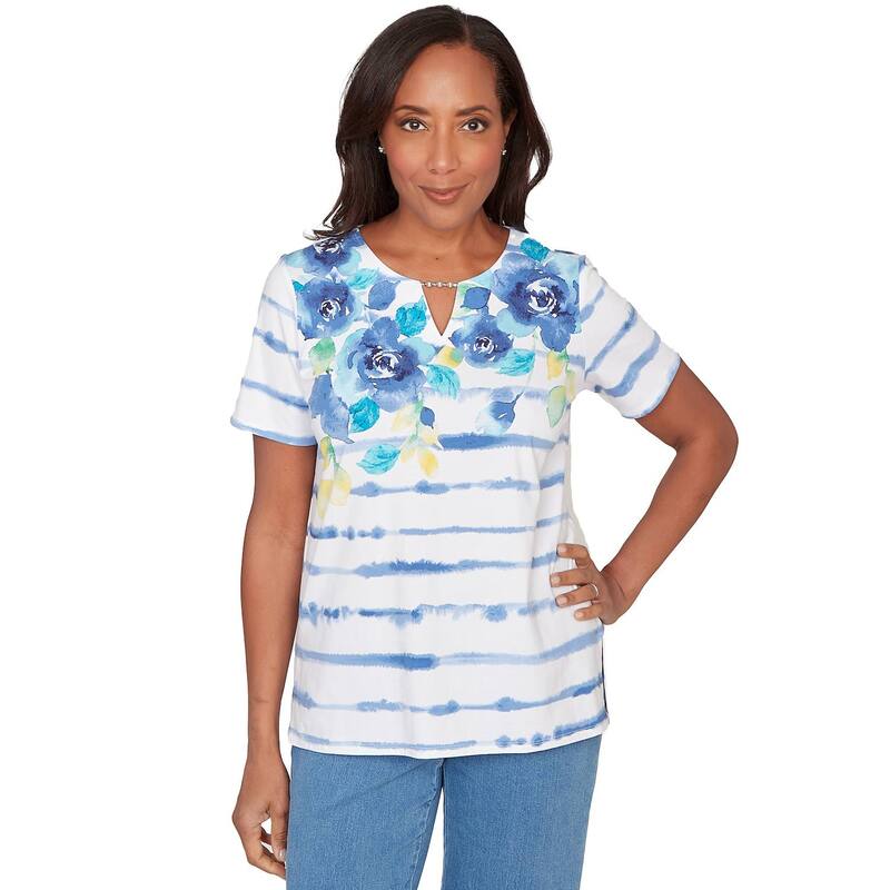 アルフレッド ダナー レディース トップス シャツ フラワー柄 プチ フラワー Petite Alfredunner Striped Floral Split Neck T-Shirt Blue ブルー｜ReVida 店
