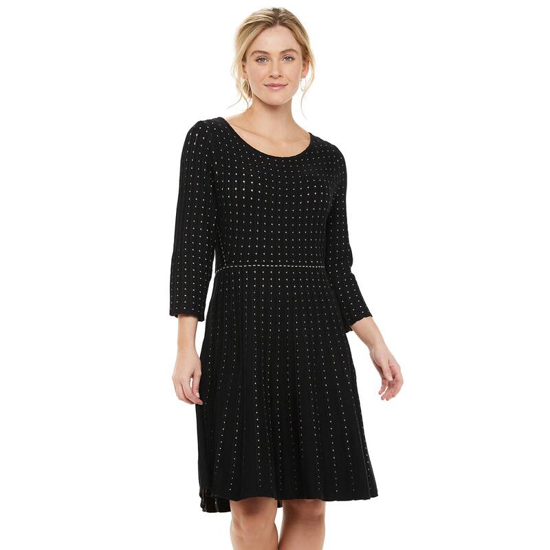 ニナレオナルド レディース トップス 衣装 スウェーター 対照 Women\u0027s Nina Leonard Contrast Dot Fit \u0026 Flare Sweater Dress Black Camel 黒いこと
