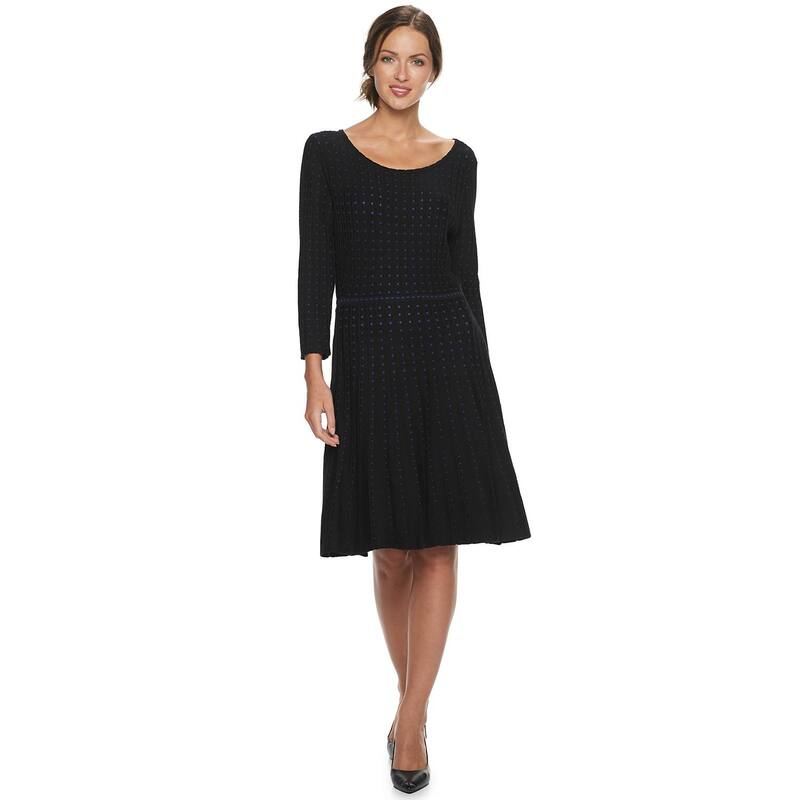 ニナレオナルド レディース トップス 衣装 スウェーター 対照 Women\u0027s Nina Leonard Contrast Dot Fit \u0026 Flare Sweater Dress Black Cobalt 黒いこと