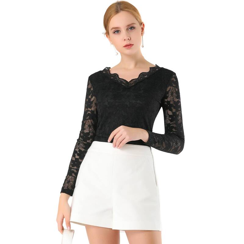 アレグラ ケー レディース トップス シャツ フラワー柄 シアー ブラウス レース フラワー ALLEGRA K Women's Floral Embroidery Sheer Long Sleeves Lace Blouse Top Black ブラック